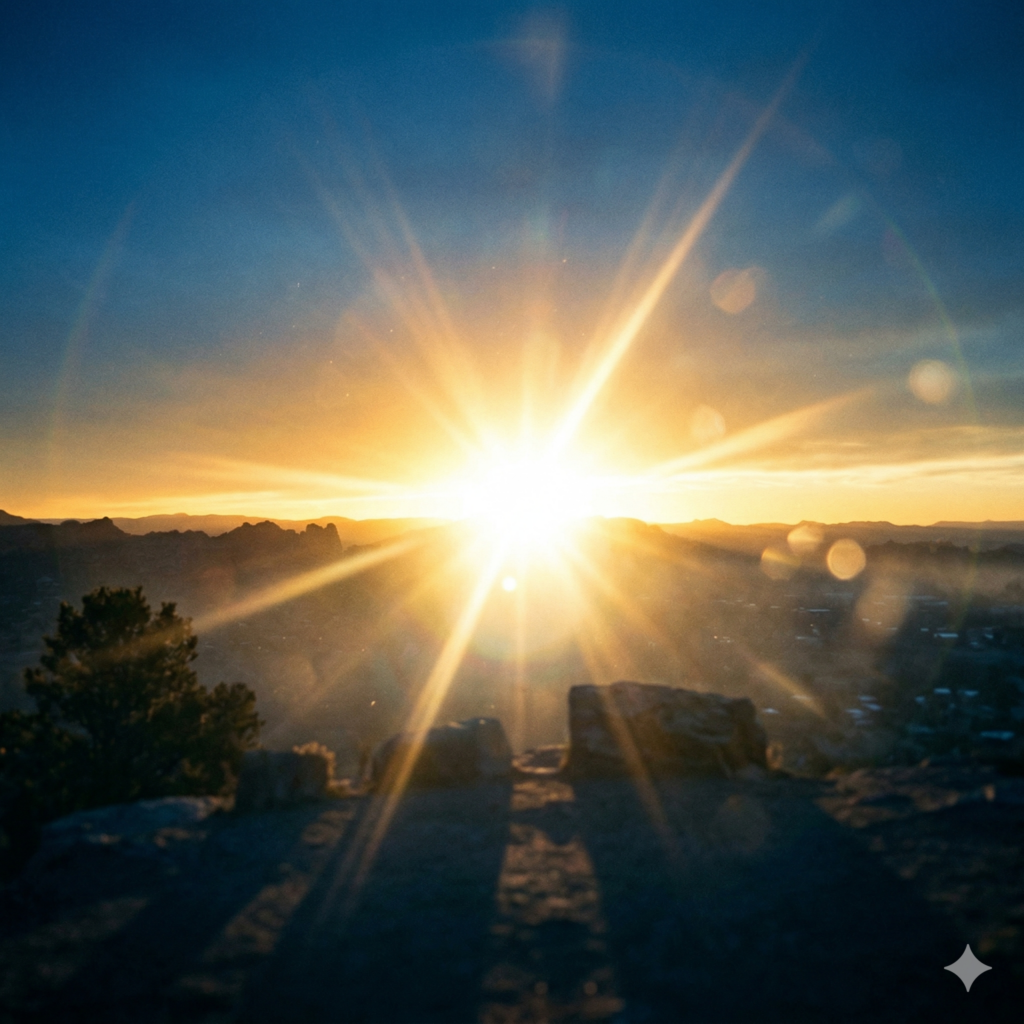 Illustration of sunrise breaking across a mountain horizon with dark clouds giving way to light, depicting God turning darkness to light.