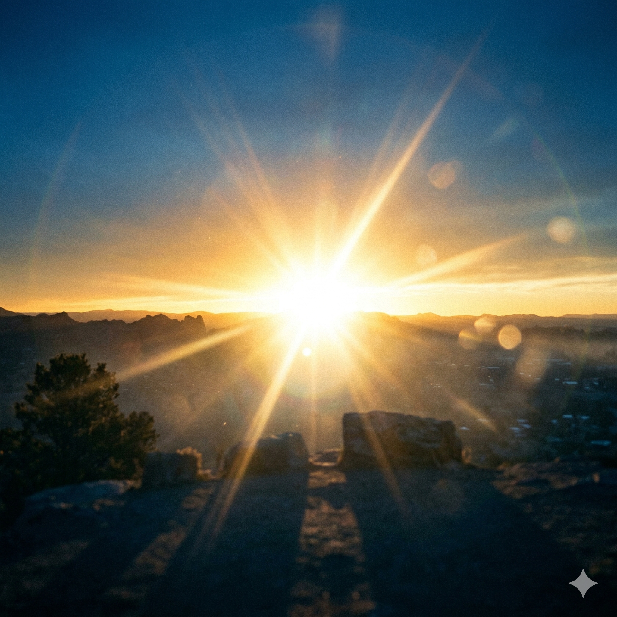 Illustration of sunrise breaking across a mountain horizon with dark clouds giving way to light, depicting God turning darkness to light.